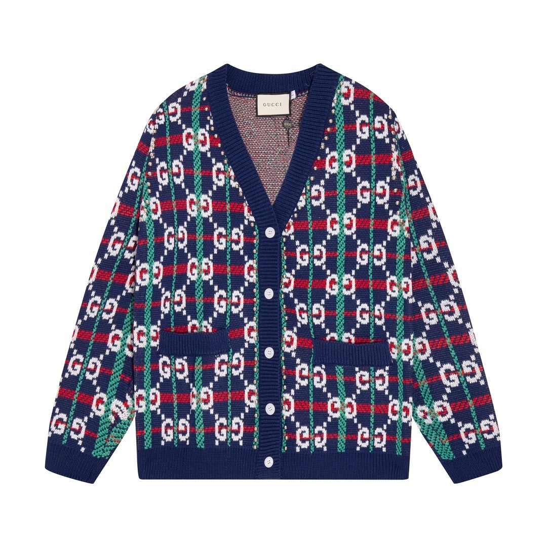 GUCCI Gg-monogram Knitted Cardigan In Blue