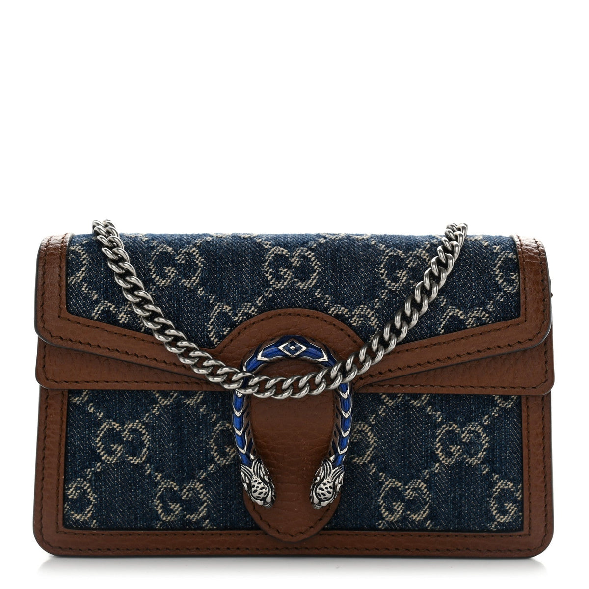 New Denim GG Monogram Dollar Calfskin Enamel Super Mini Dionysus Shoulder Bag Blue Tea Cuir Epilog Electric Blue