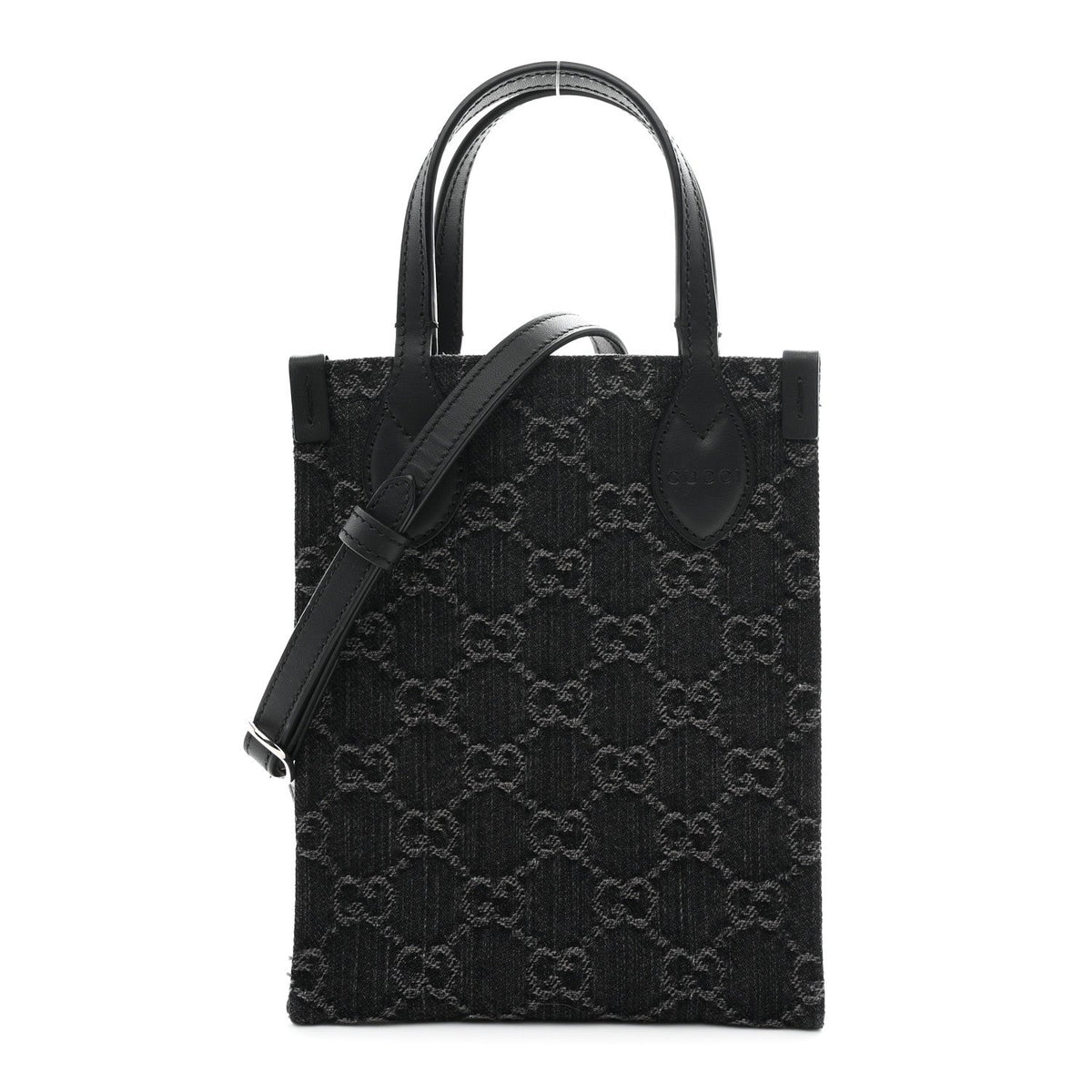 Denim Cuoio Harness GG Monogram Mini Ophidia Tote Bag Black Medium Grey